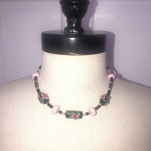 Handmade Glass Beaded Black Pink Floral 16" Necklace Fashion Jewelry